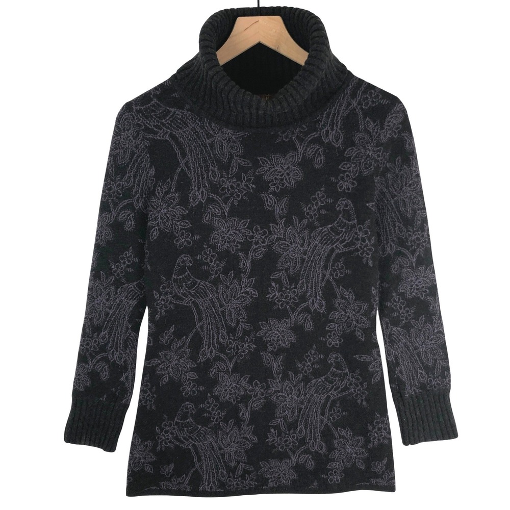KRIMSON KLOVER 100% Wool Bird Jacquard Turtleneck Sweater Sz M Black Purple L/S